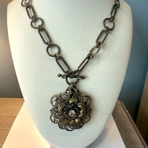 Antique gold tone statement floral necklace